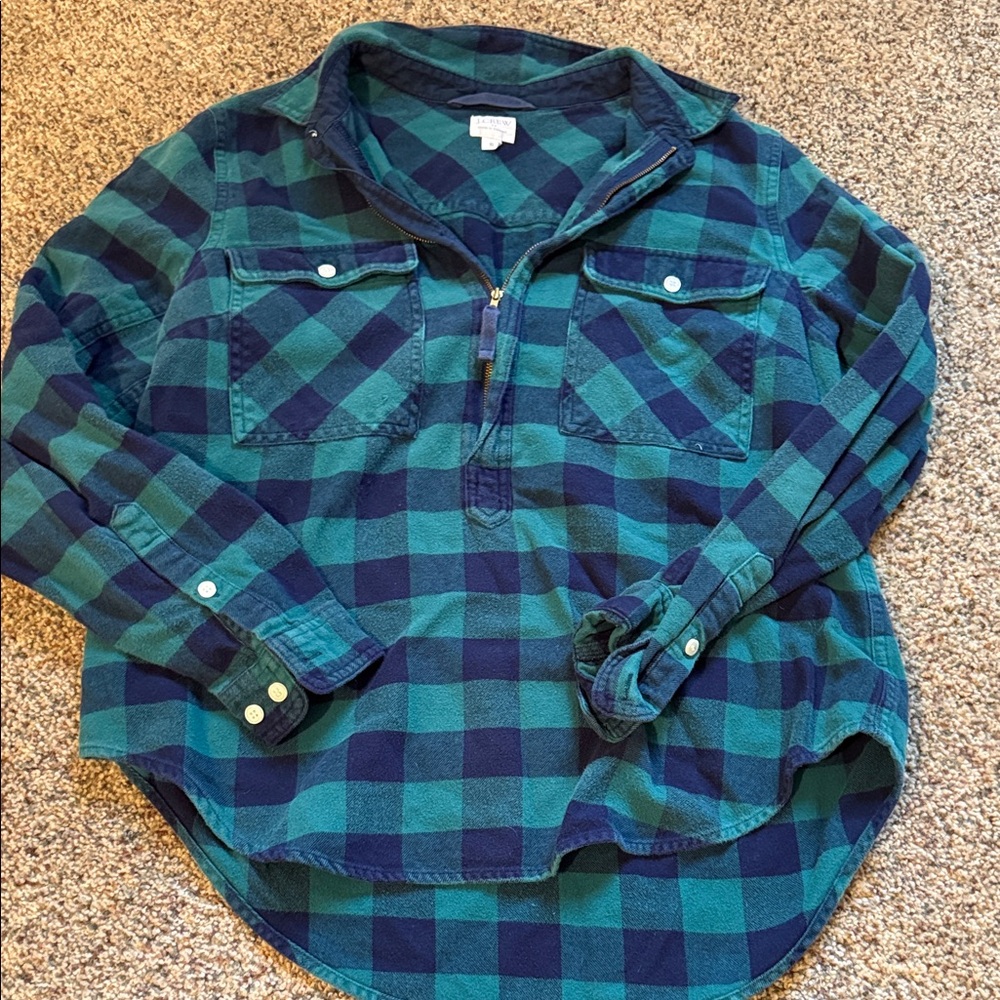 J. Crew Green and Blue Flannel Zip Flannel